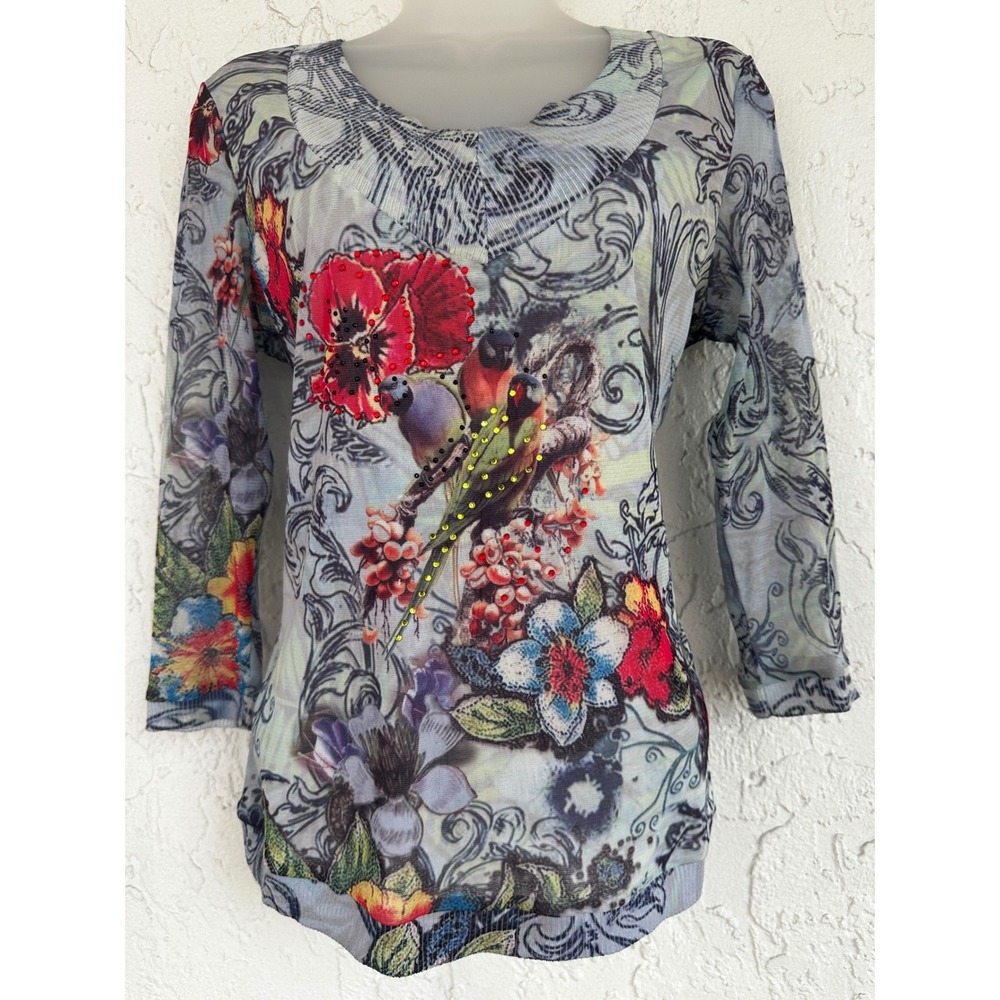 Alberto Makali Y2K Mesh Sheer Bird Floral‎ Rhinestone V-Neck 3/4 Sleeve Top Blue
